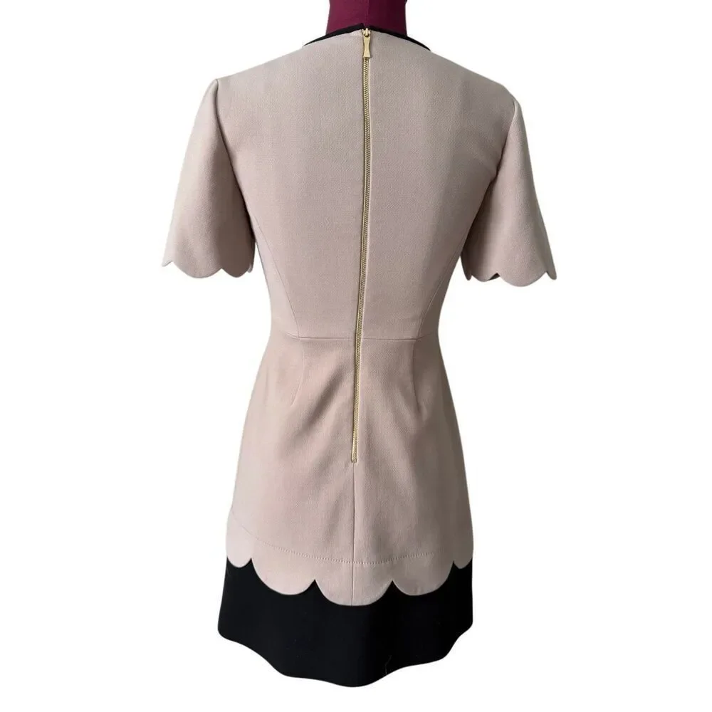 Kate Spade Mini Dress‎ Sponge Crepe Scallop Short Sleeve Mushroom Tan Black size